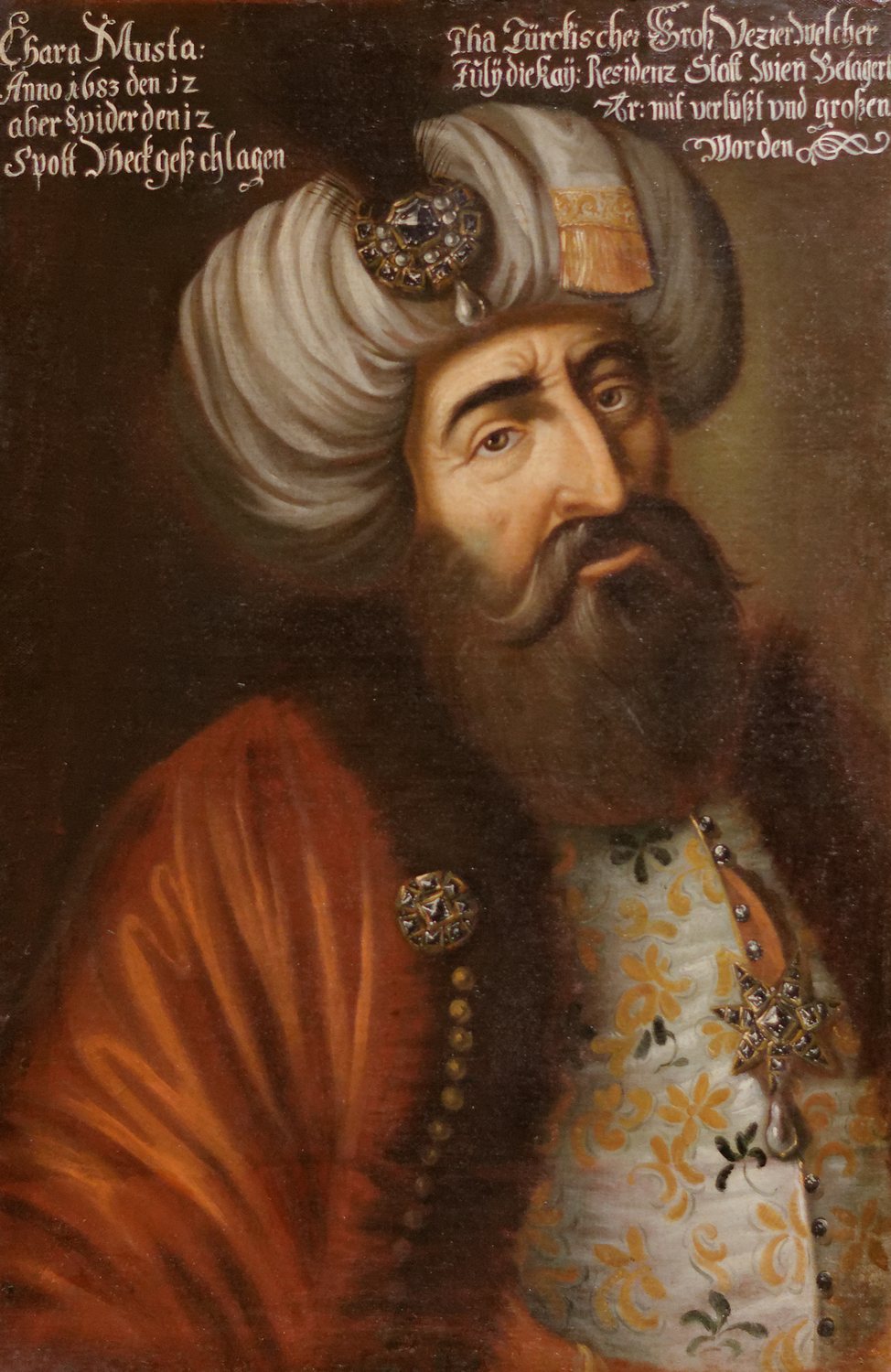 Olejny portret Kara Mustafy w białym turbanie, z długą ciemną brodą i w czerwonej szacie podbitej futrem