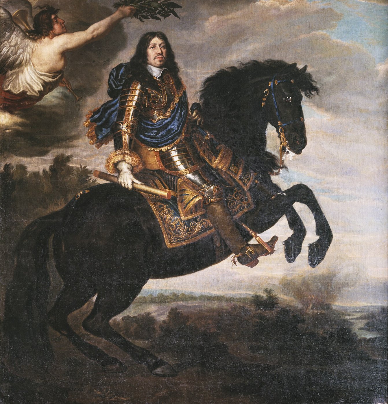 Oil painting of a long-haired man in gilded armor and a blue sash on a rearing black horse, holding a commander's baton, while a winged figure in the sky holds a laurel wreath over his head