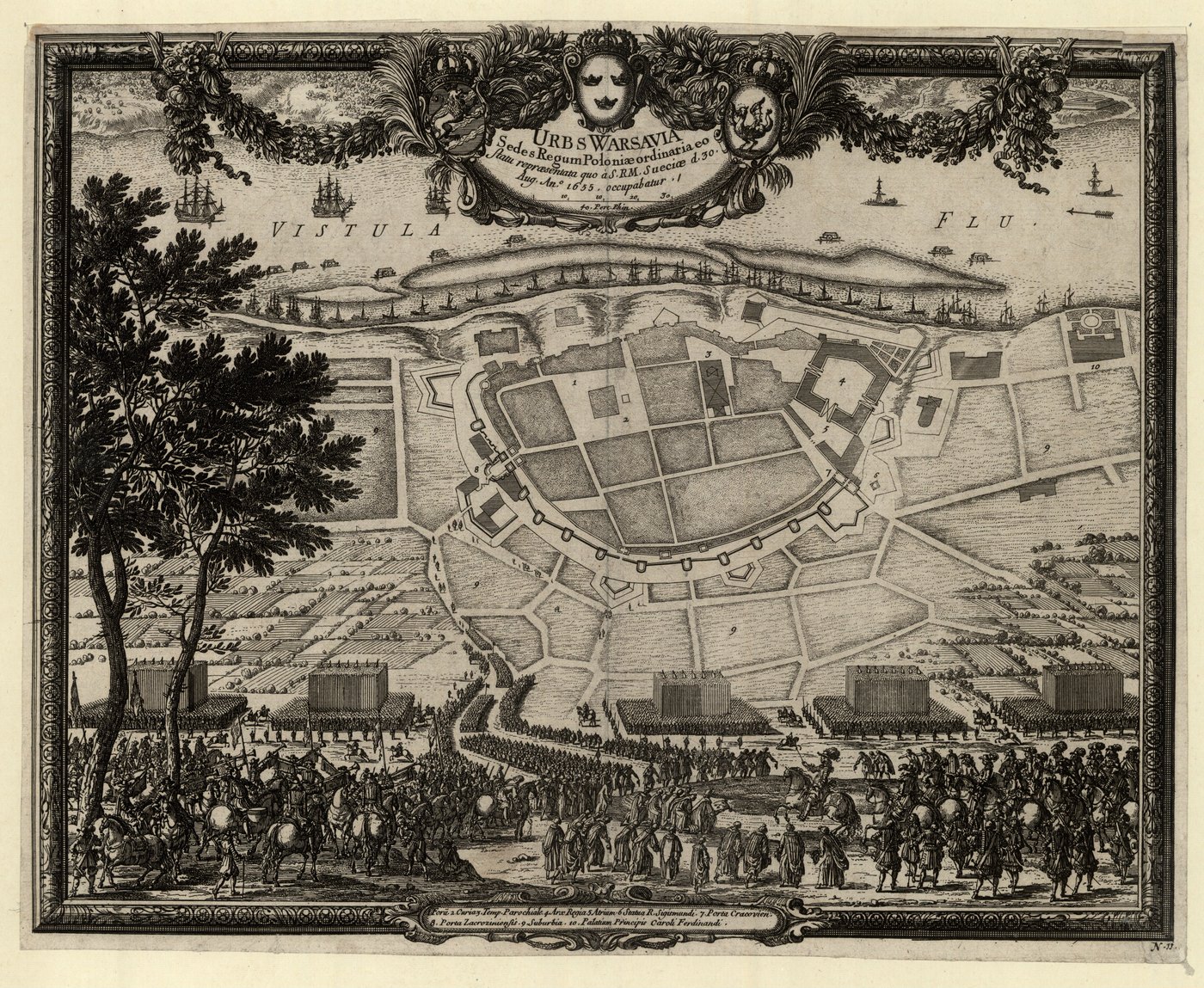 Copper engraving of a walled city seen from above beside a river with ships, with a royal castle at one end, fields and suburbs around it, and lines of soldiers, horsemen and civilians in the foreground
