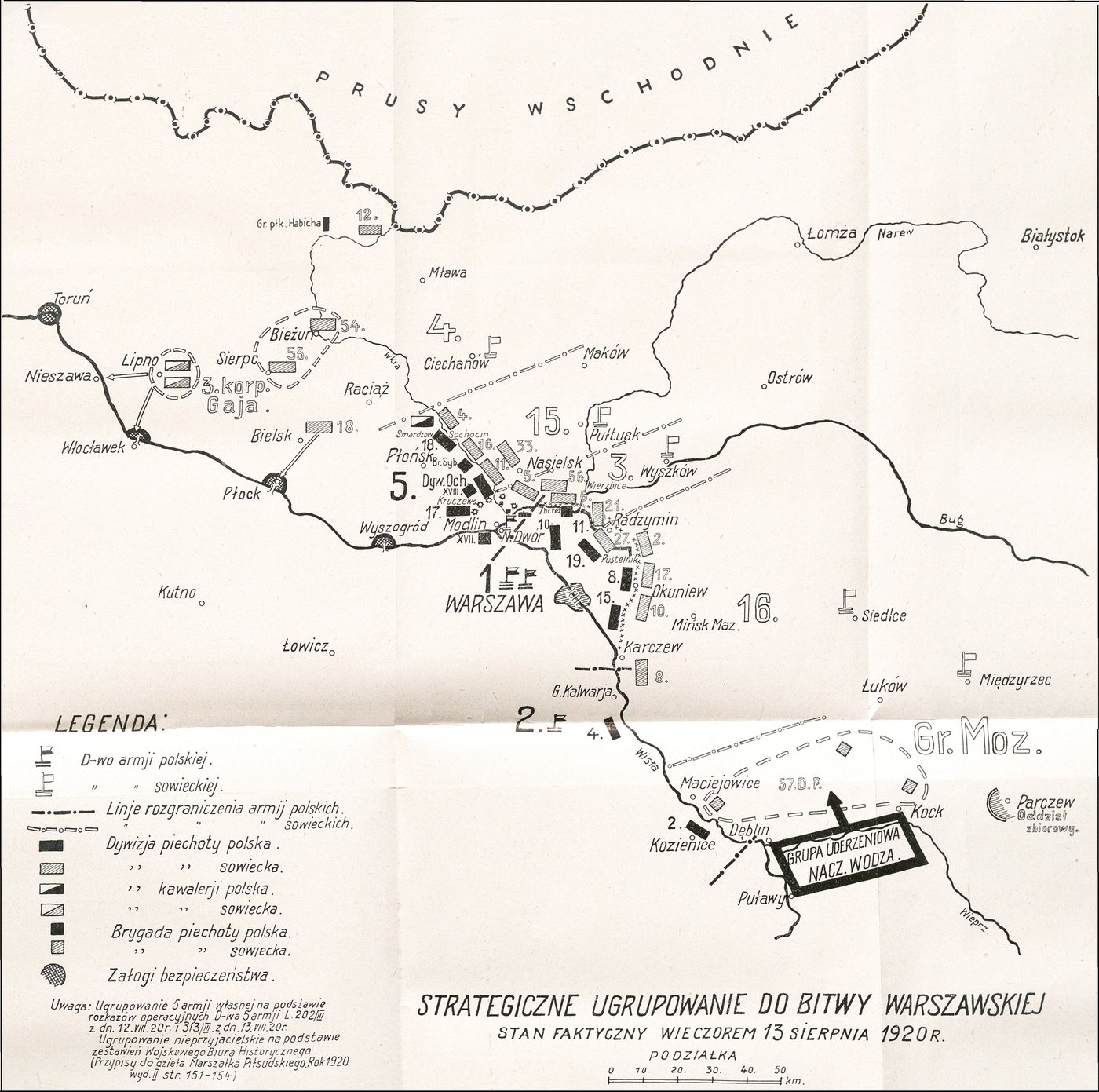 Black and white military sketch map of central Poland with army positions around Warsaw
