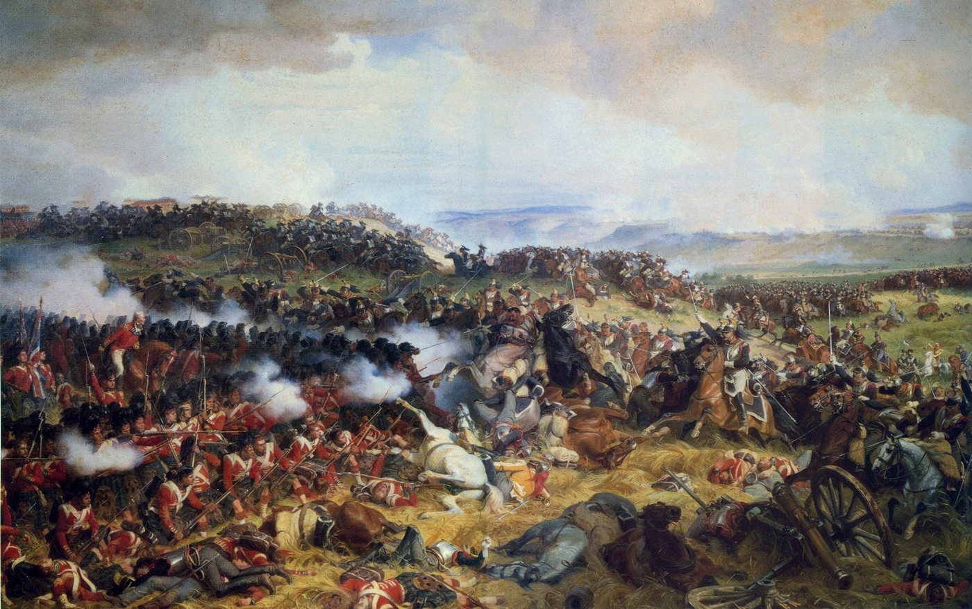 Painting of armoured French cavalry charging into squares of British infantry in red coats amid smoke