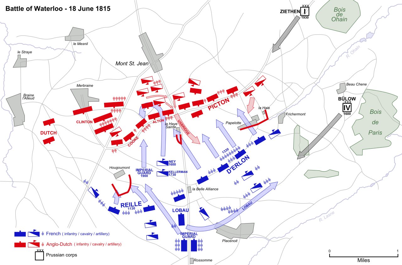 Battle map of Waterloo with French units in blue, allied units in red and Prussian corps in grey