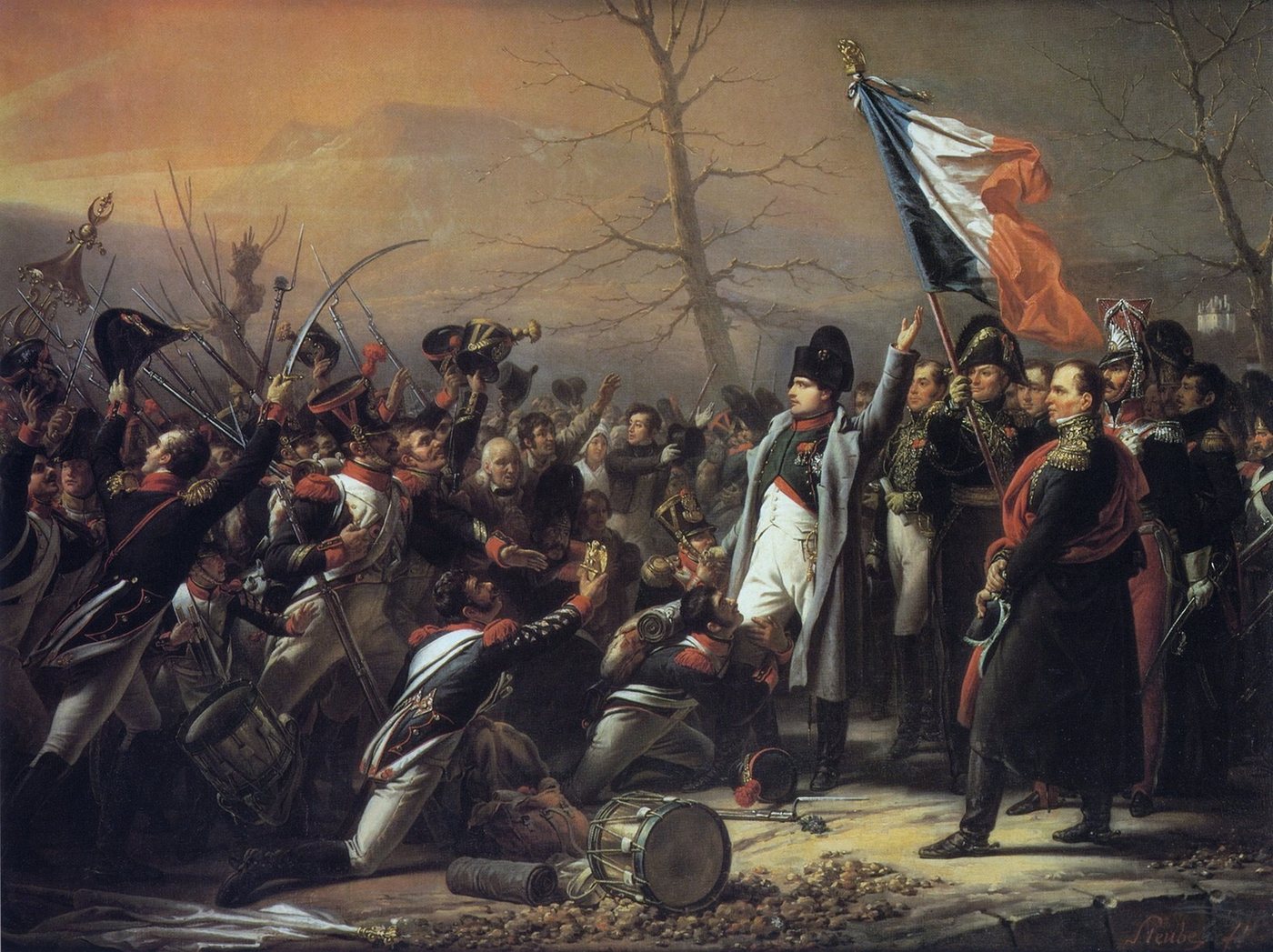 Painting of Napoleon in a grey coat greeted by cheering soldiers waving a tricolour flag