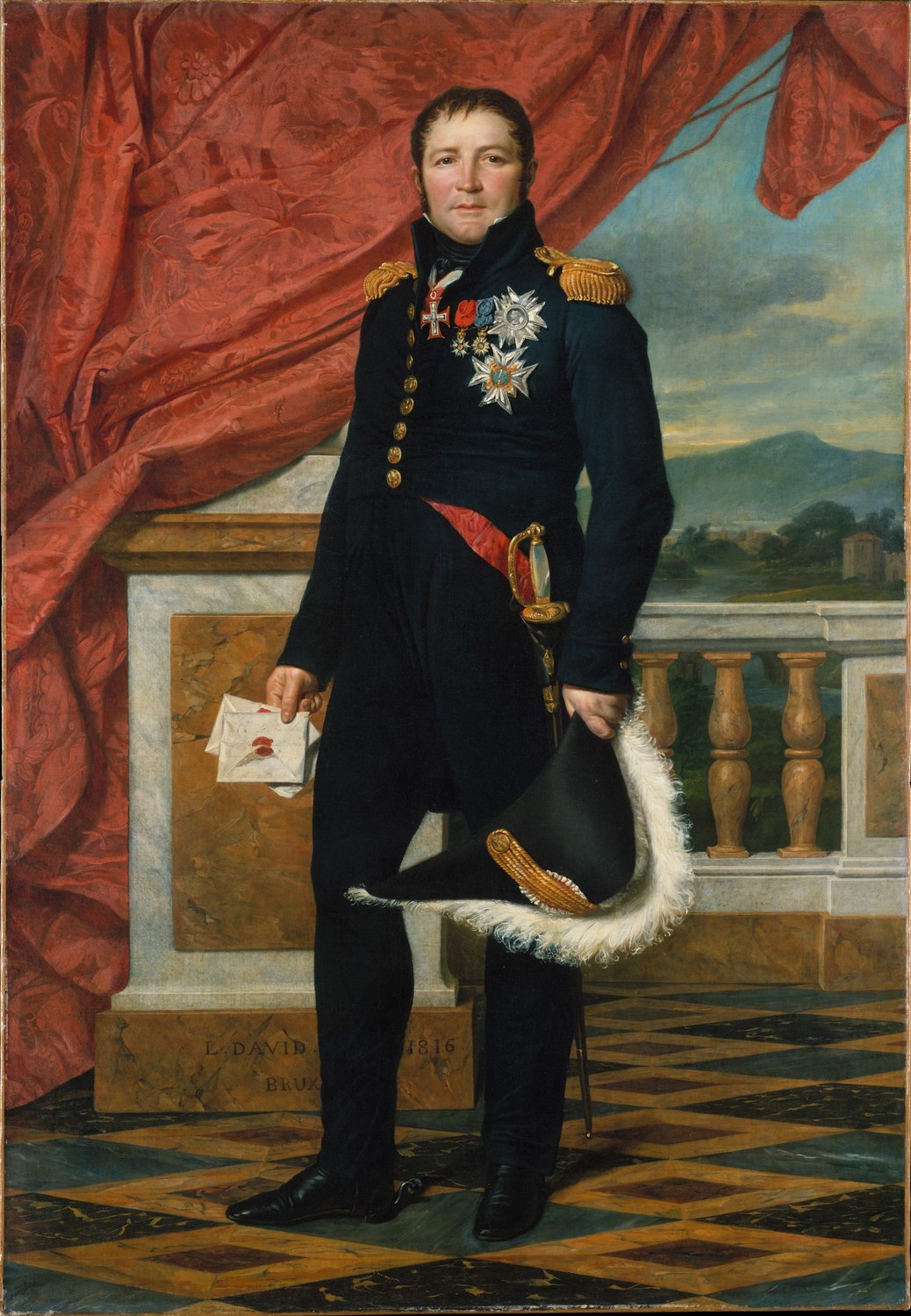 Full-length painted portrait of General Gérard in a dark blue uniform covered with orders, holding a sealed letter and a plumed bicorne hat, in front of a red curtain and a balustrade with a landscape behind