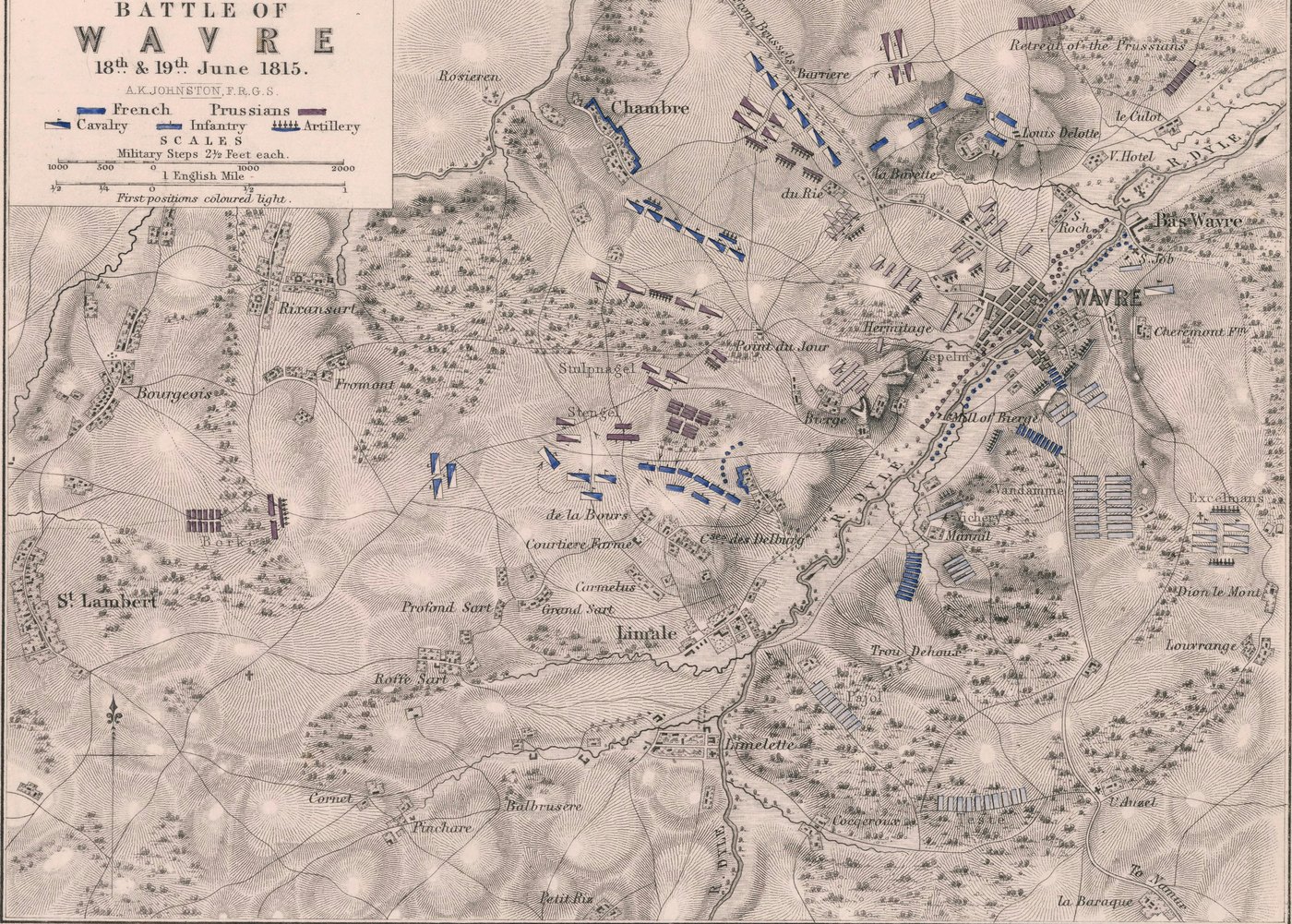 Engraved and hand-colored battle plan of Wavre with the river Dyle running from south-west to north-east, the town of Wavre, Bierge and Limale on its banks, wooded hills, and blue French and purple Prussian units