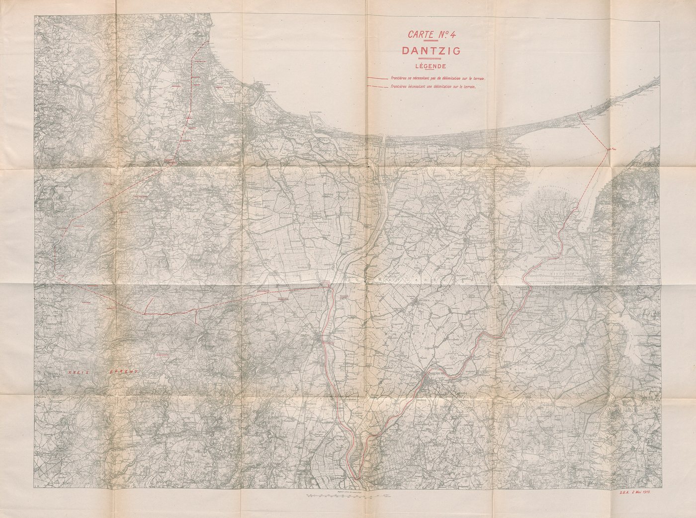 Old printed map of the Danzig area with the coast, the Vistula delta and boundary lines