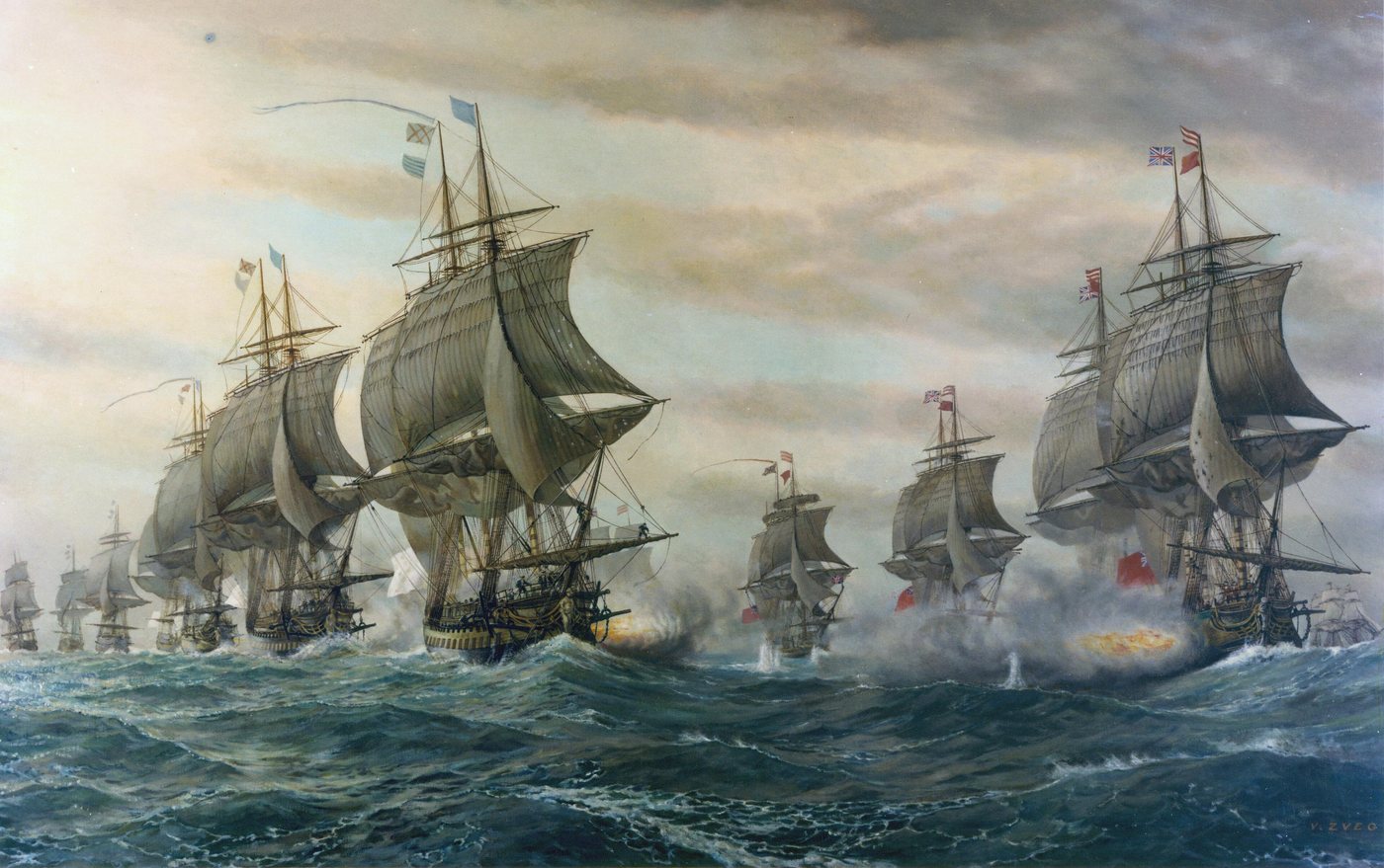 Painting of two lines of sailing warships firing broadsides at sea