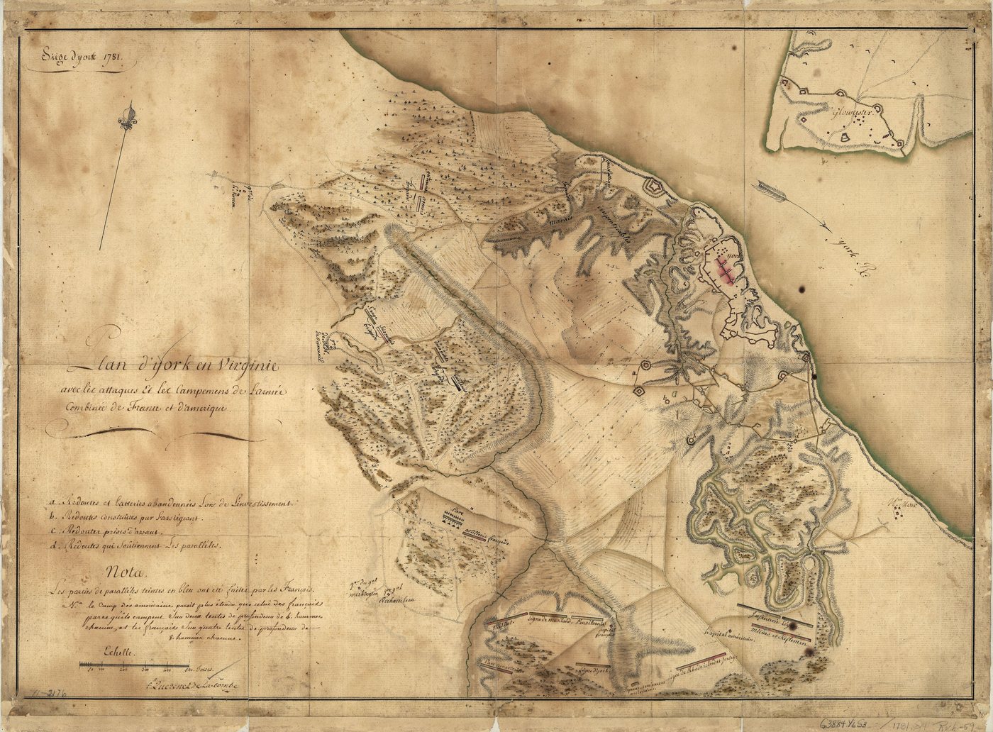 Hand-drawn 1781 map of Yorktown and the York River with the allied siege lines
