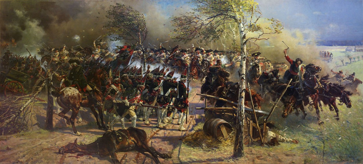 Wide painting of grenadiers in green coats and tall red caps firing into smoke while horsemen charge past a birch tree and an overturned cart