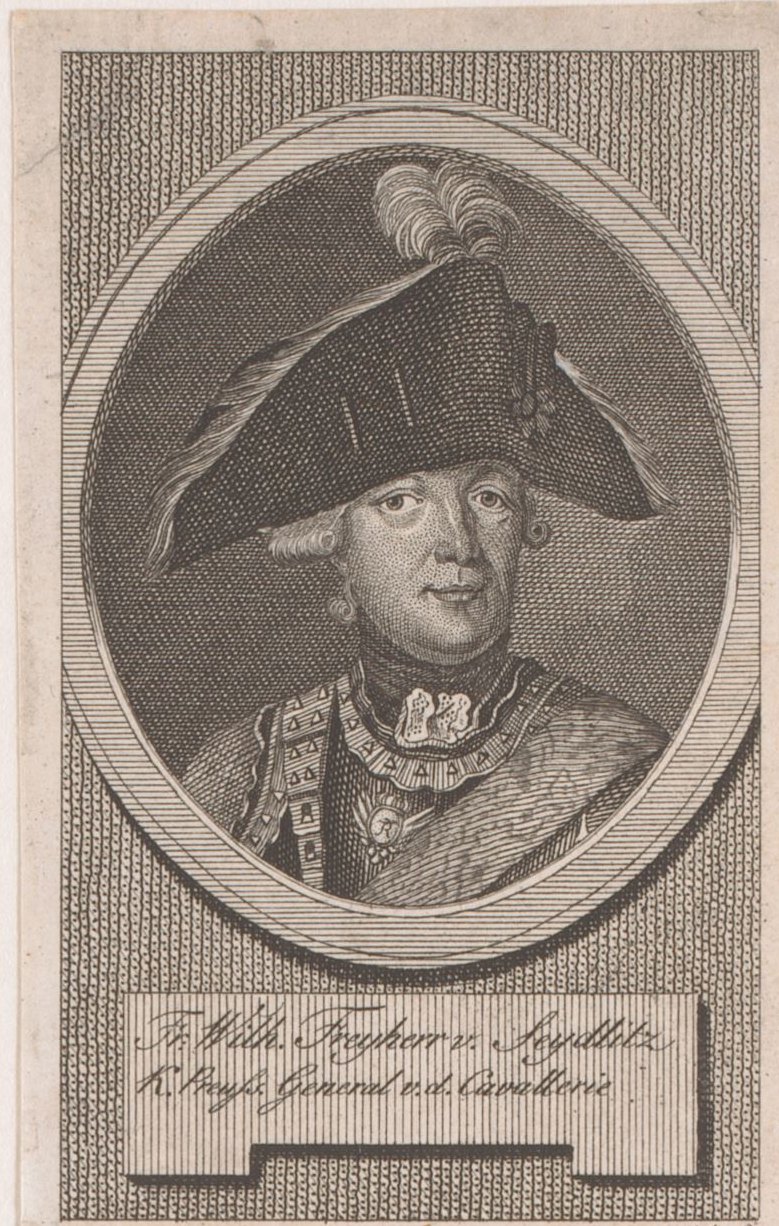 Engraved oval portrait of Friedrich Wilhelm von Seydlitz in a plumed tricorn hat and cuirass, with an inscription naming him a Prussian general of cavalry