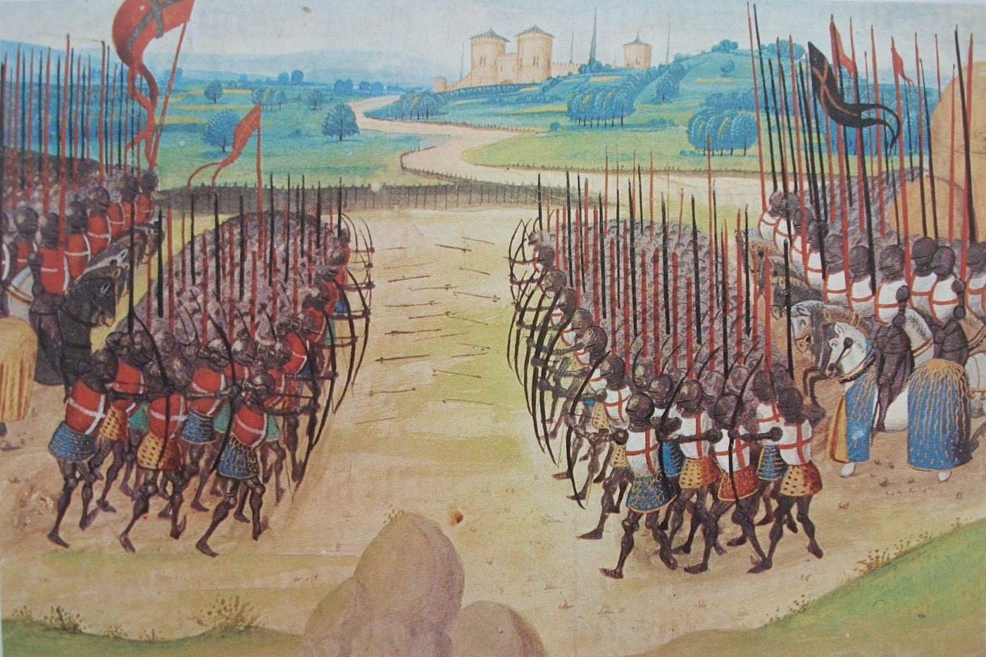 Medieval miniature of two armies of archers loosing arrows at each other