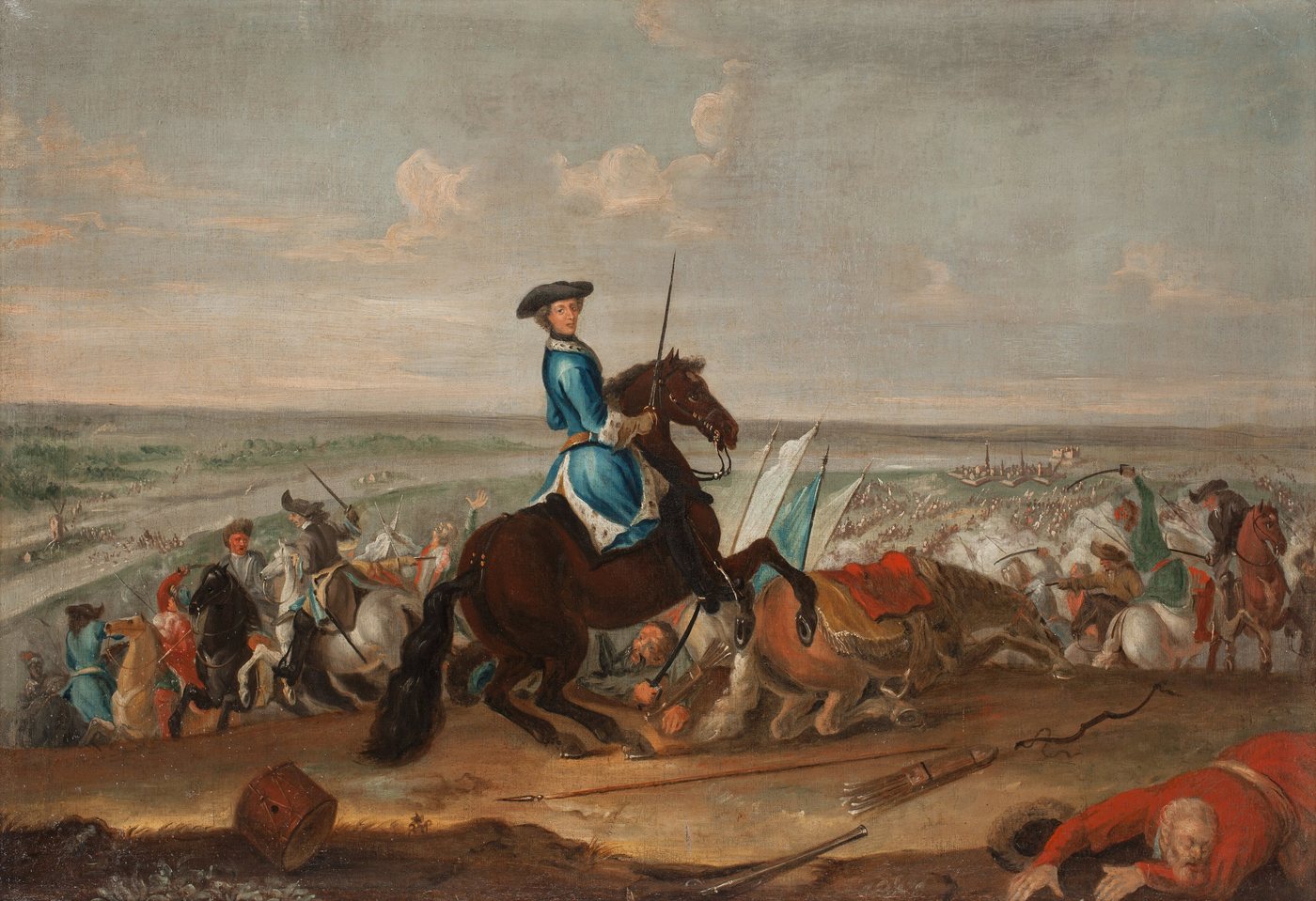 Painting of a young king on horseback above a battlefield