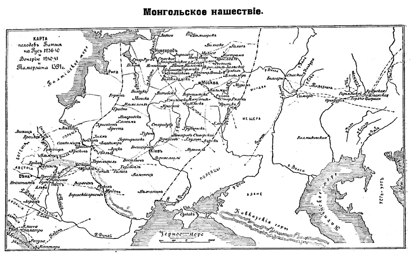 Black and white map of Eastern Europe with dotted lines marking Mongol campaign routes