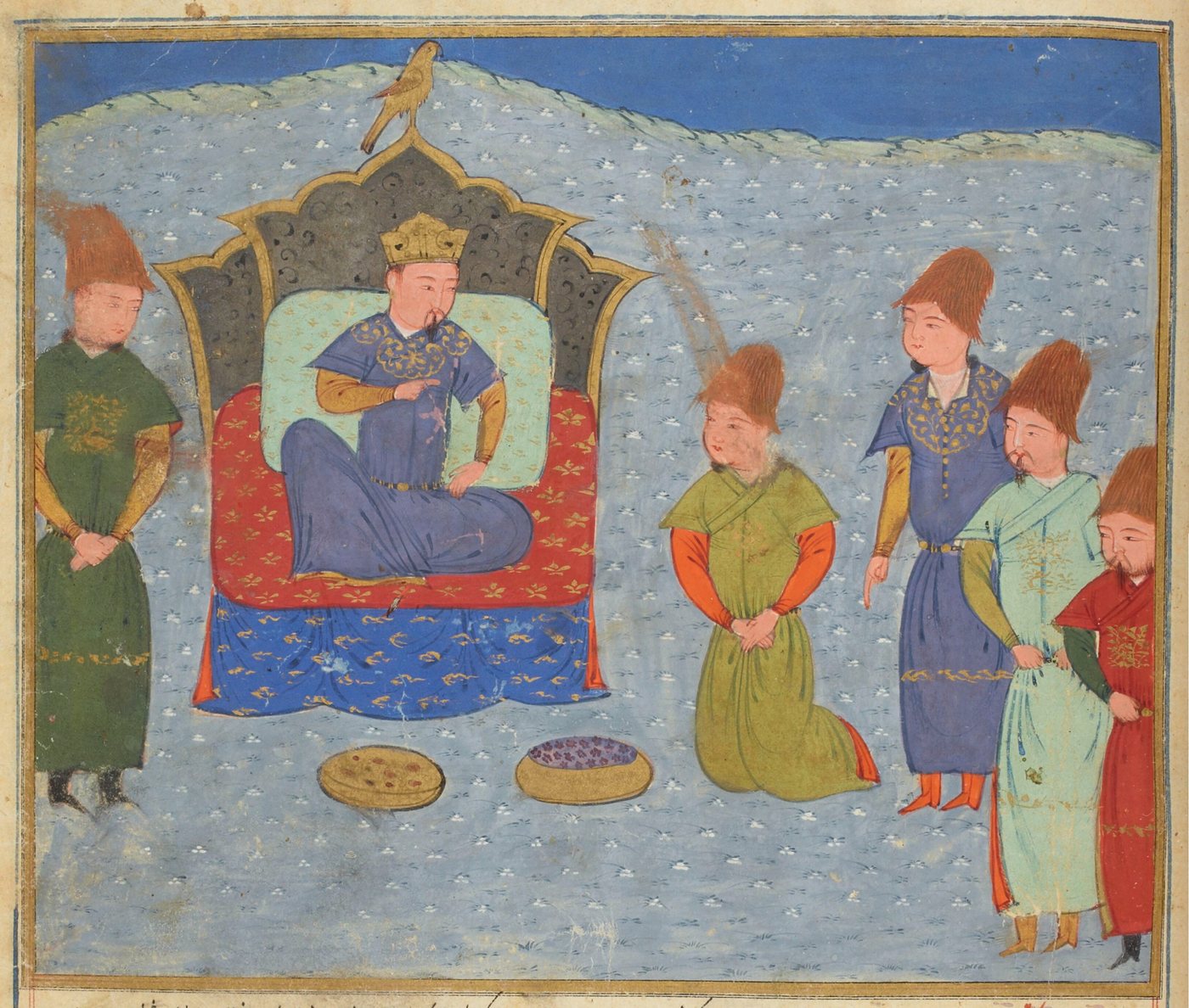 Persian miniature of a crowned khan seated on a throne with attendants before him