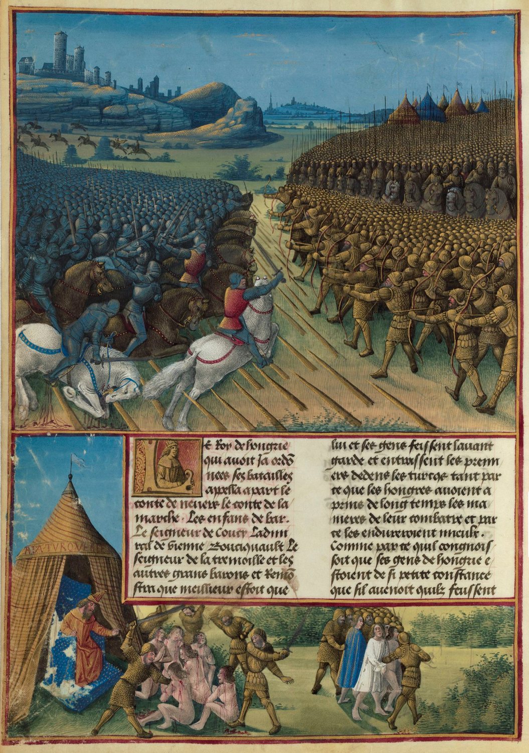Medieval French miniature of knights and Ottoman soldiers before a city
