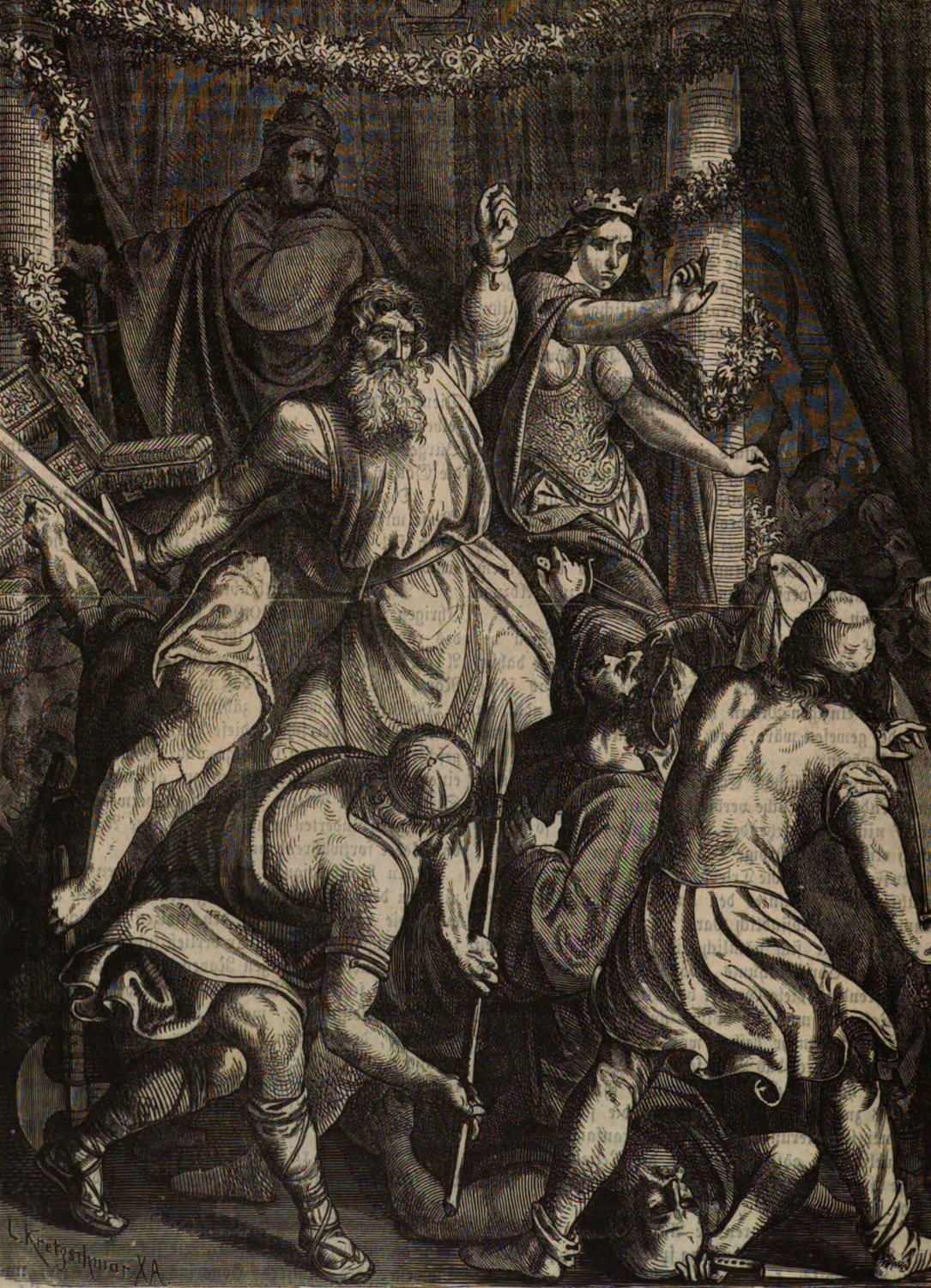 19th-century engraving of an emperor, an empress and a general in a palace amid tumult