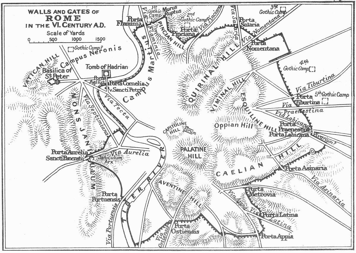 Map of ancient Rome's walls and gates with the Tiber and the positions of the Gothic camps