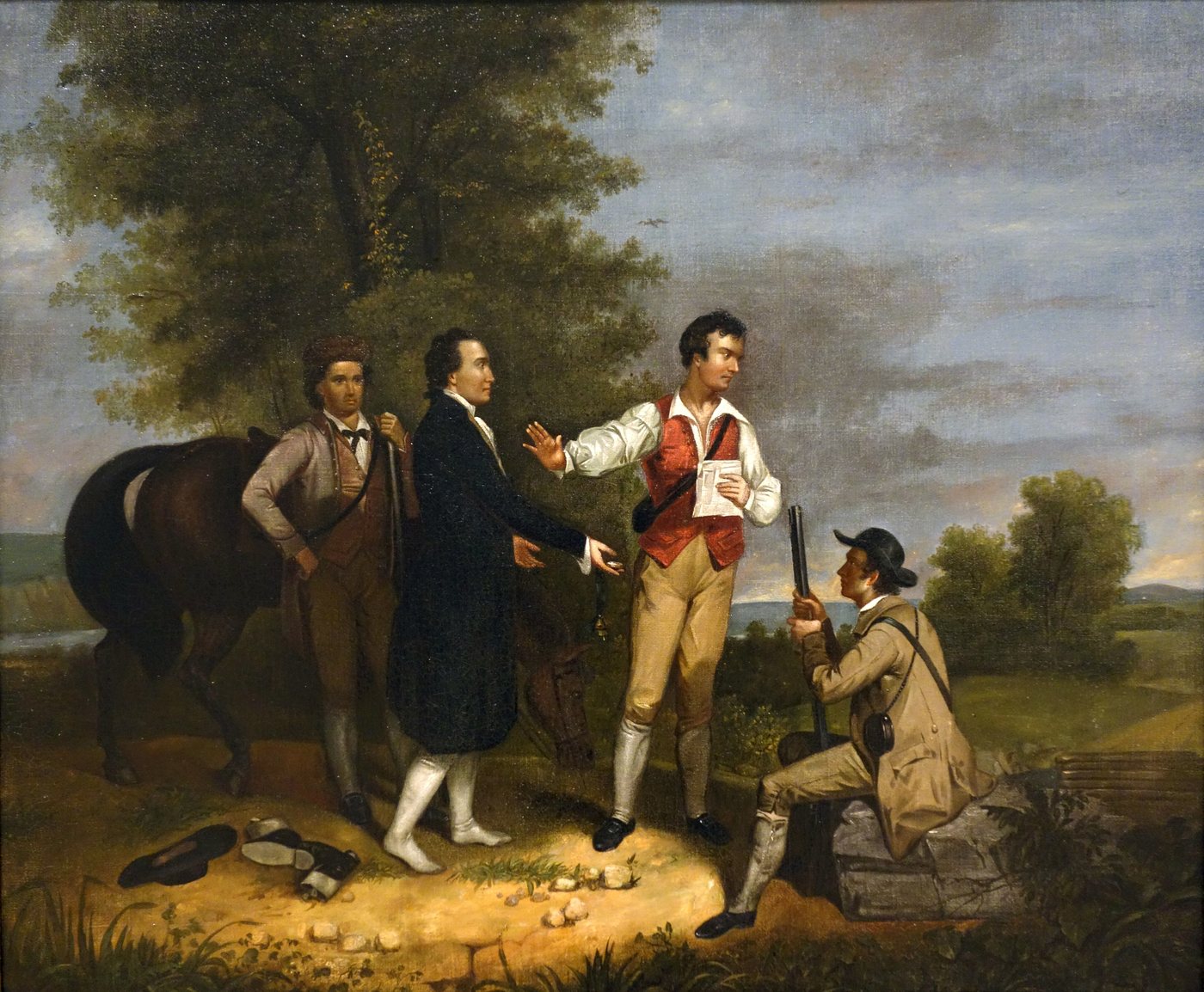 Painting of three militiamen stopping a British officer in a wooded landscape