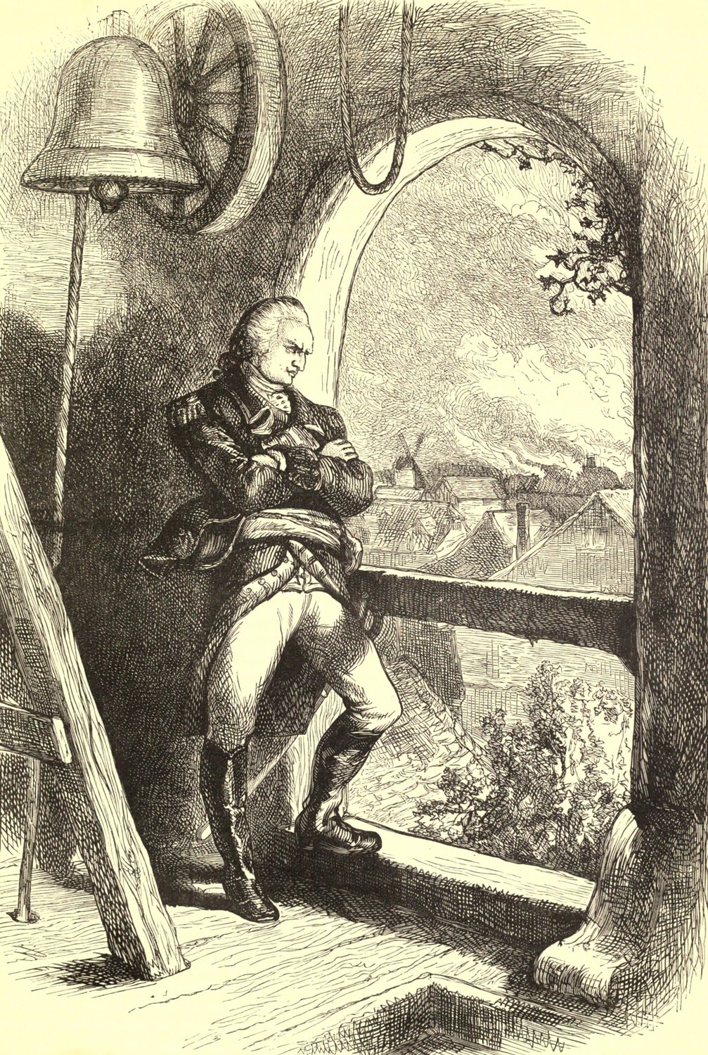 Engraving of an officer on high ground watching a burning town