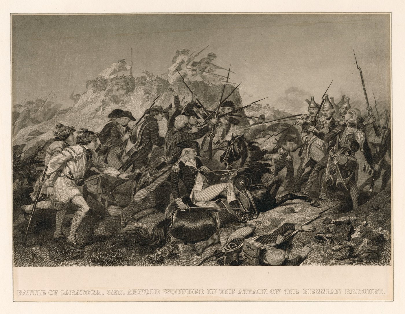 Engraving of a general falling with his horse during an assault on an earthwork