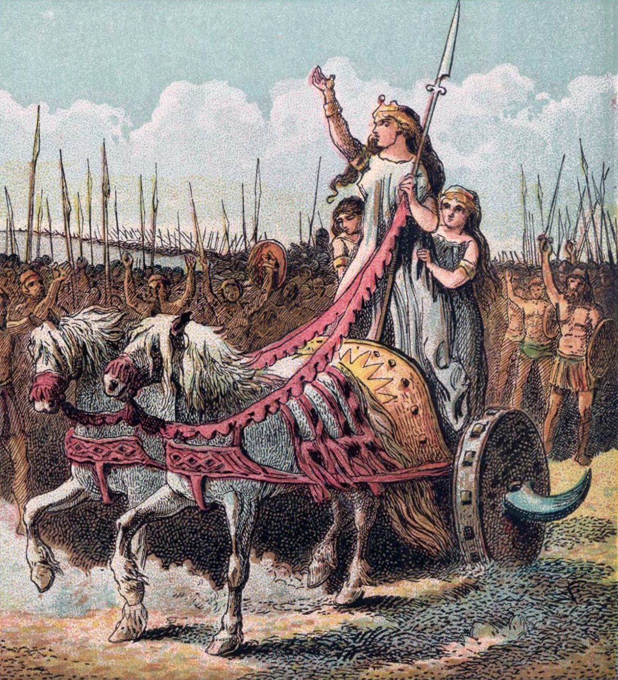 Color print of a crowned woman with a spear standing in a chariot drawn by two white horses, two girls beside her and a crowd of warriors with spears behind