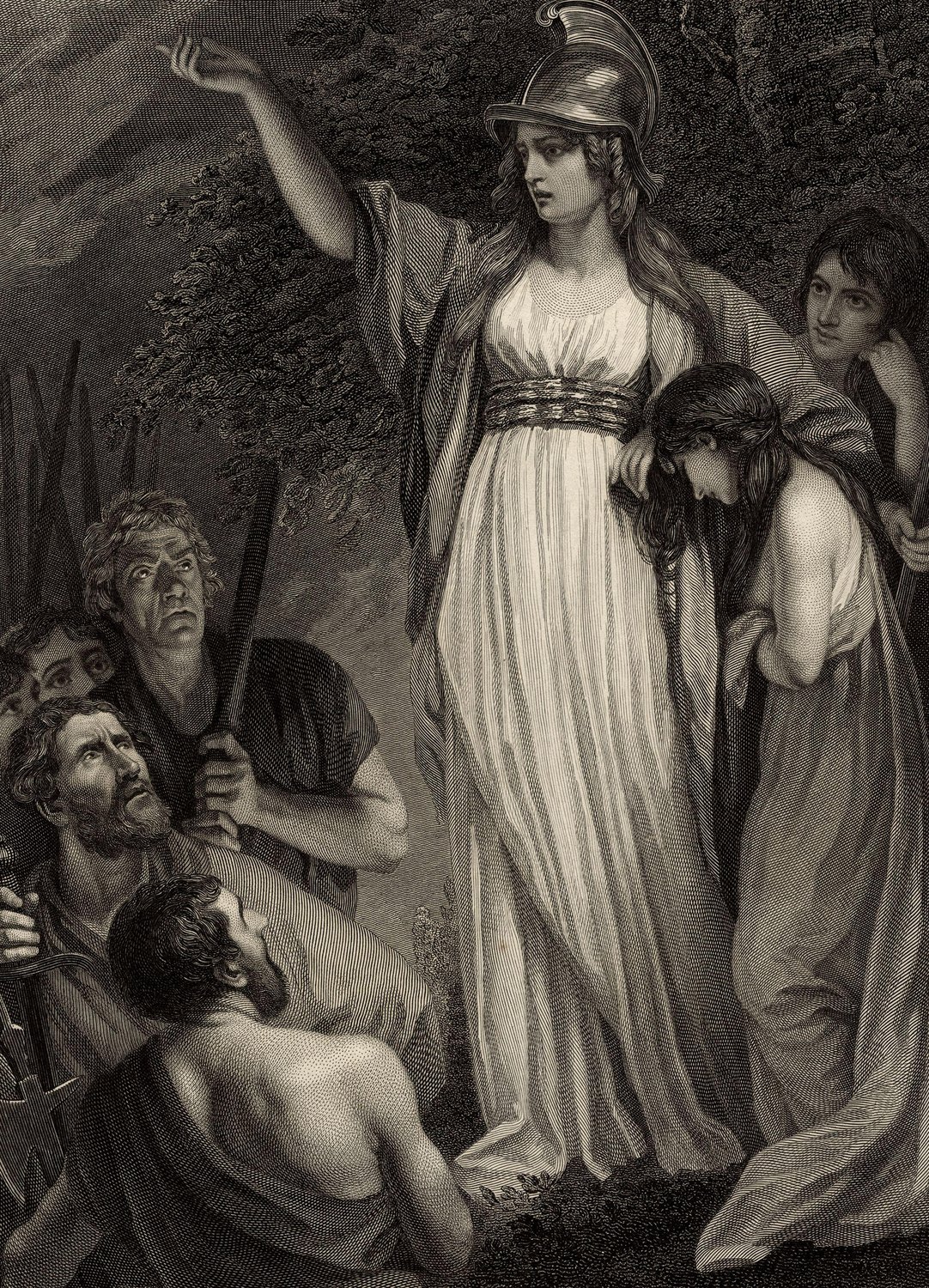 Engraving of a woman in a classical helmet and long white dress pointing upward, a weeping girl leaning on her shoulder and armed men looking up at her