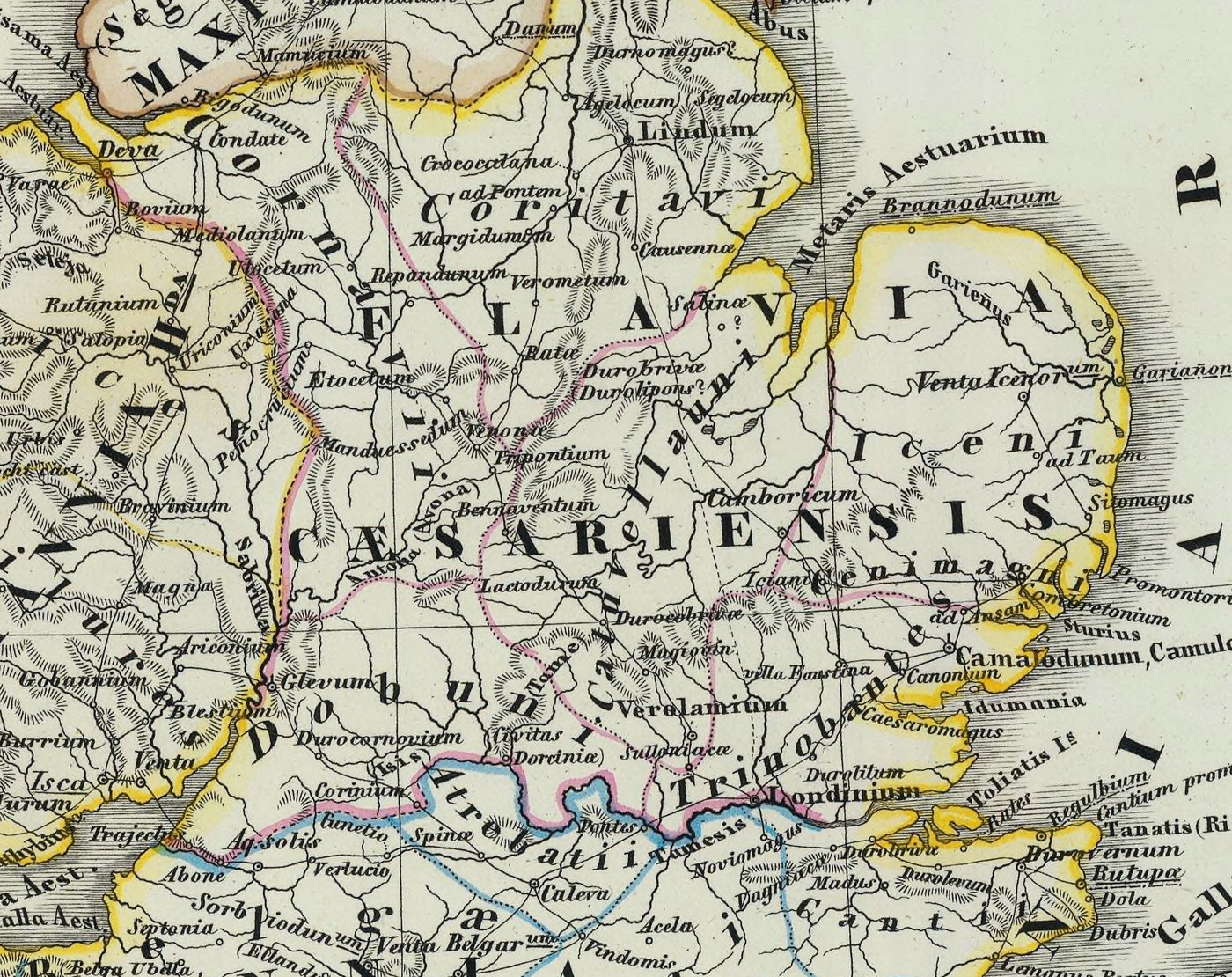 Colored historical map of south-east England with Latin names, including Iceni, Trinobantes, Camalodunum, Londinium and Verolamium
