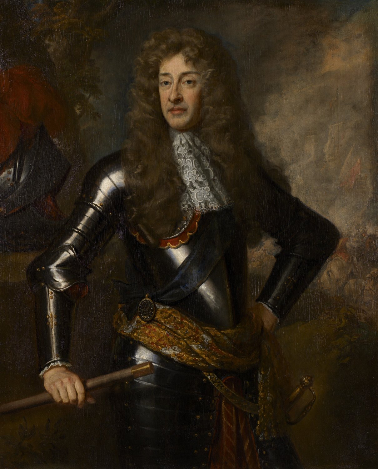 Portret mężczyzny w długiej kręconej peruce, w lśniącej zbroi ze złotą szarfą, z buławą w dłoni