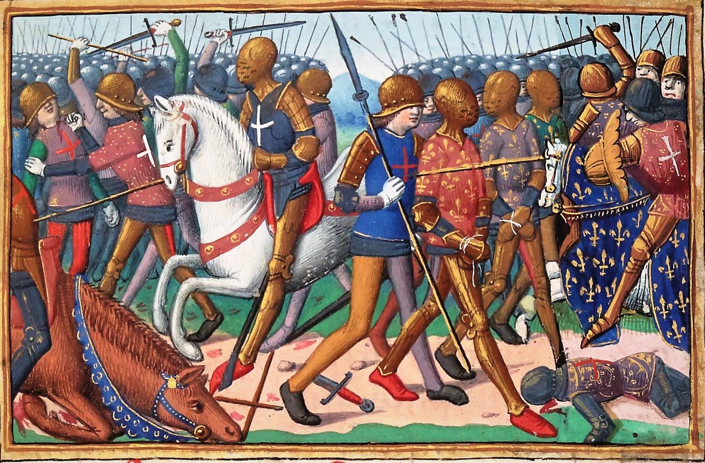 Medieval miniature of a battle: knights in gilded armor, one on a white horse, fight among footmen, with a dead horse and a fallen knight in the foreground and a French banner on the right.