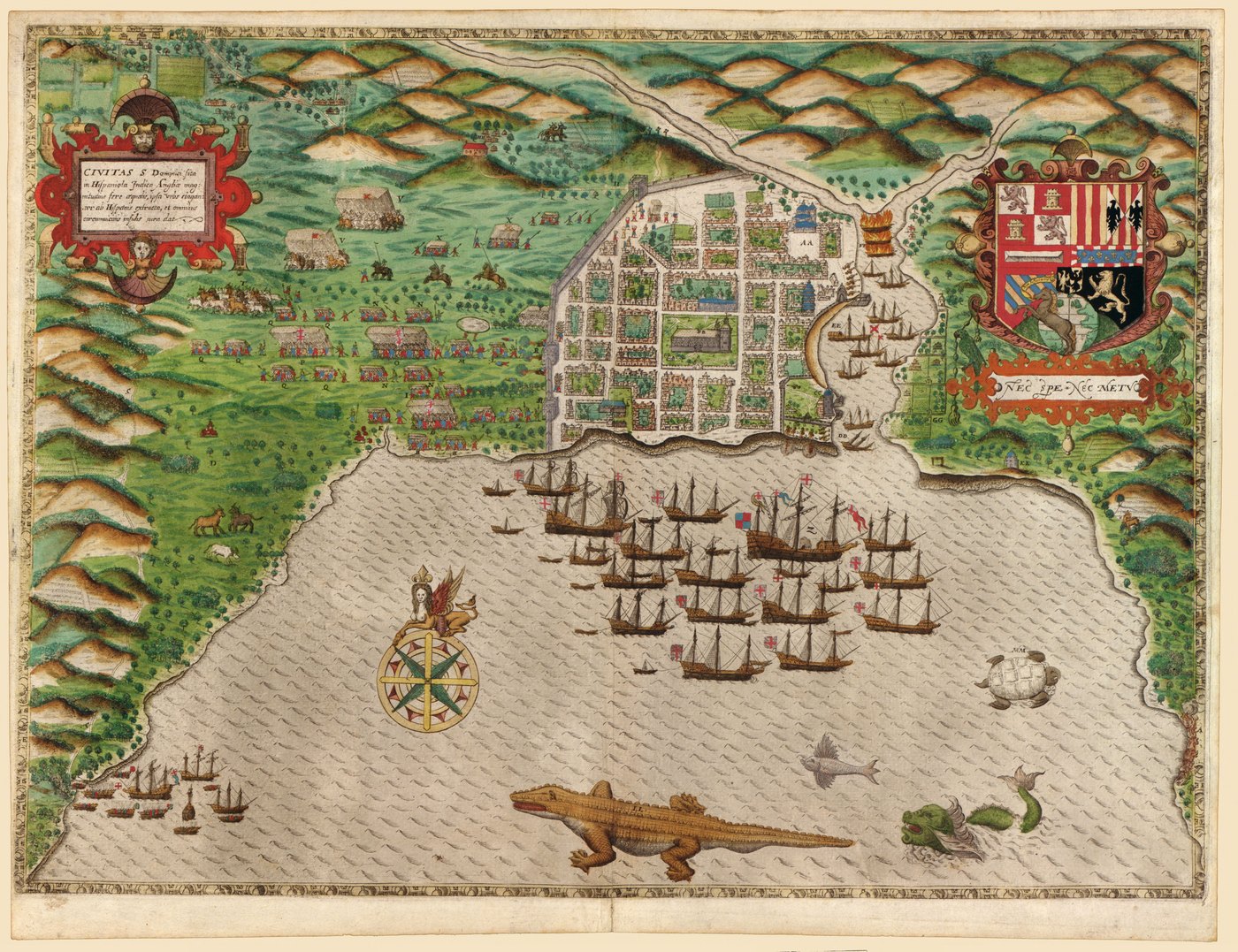 Hand-colored 16th-century bird's-eye engraving of the walled city of Santo Domingo with an English fleet anchored in the bay, troops marching inland and a crocodile in the sea.