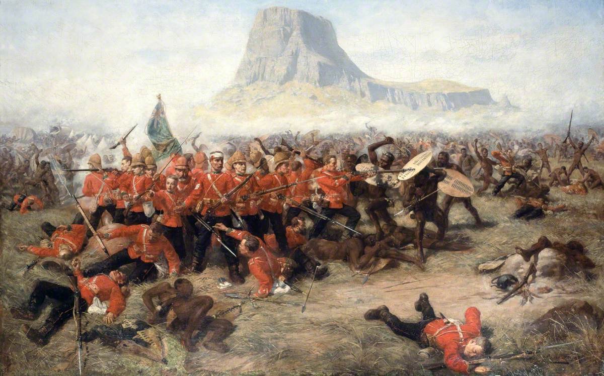 Oil painting of red-coated British soldiers in a close group fighting Zulu warriors with shields and spears, a mountain behind them.