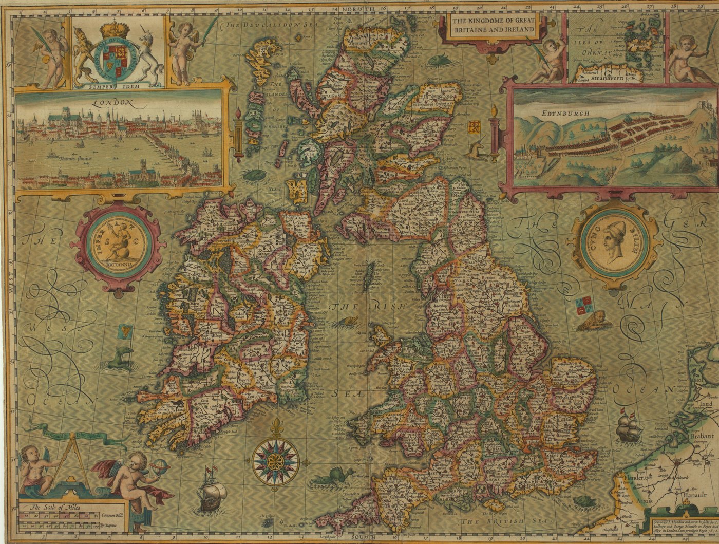 Hand-colored 17th-century map of Great Britain and Ireland with county borders, a royal coat of arms, views of London and Edinburgh, cherubs and sea monsters.