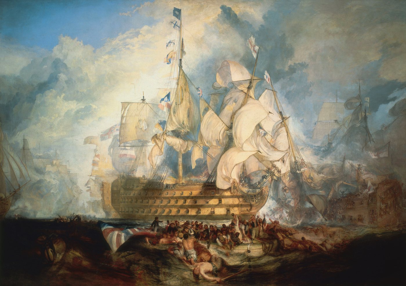 Painting of battered sailing warships in smoke with sailors in the water