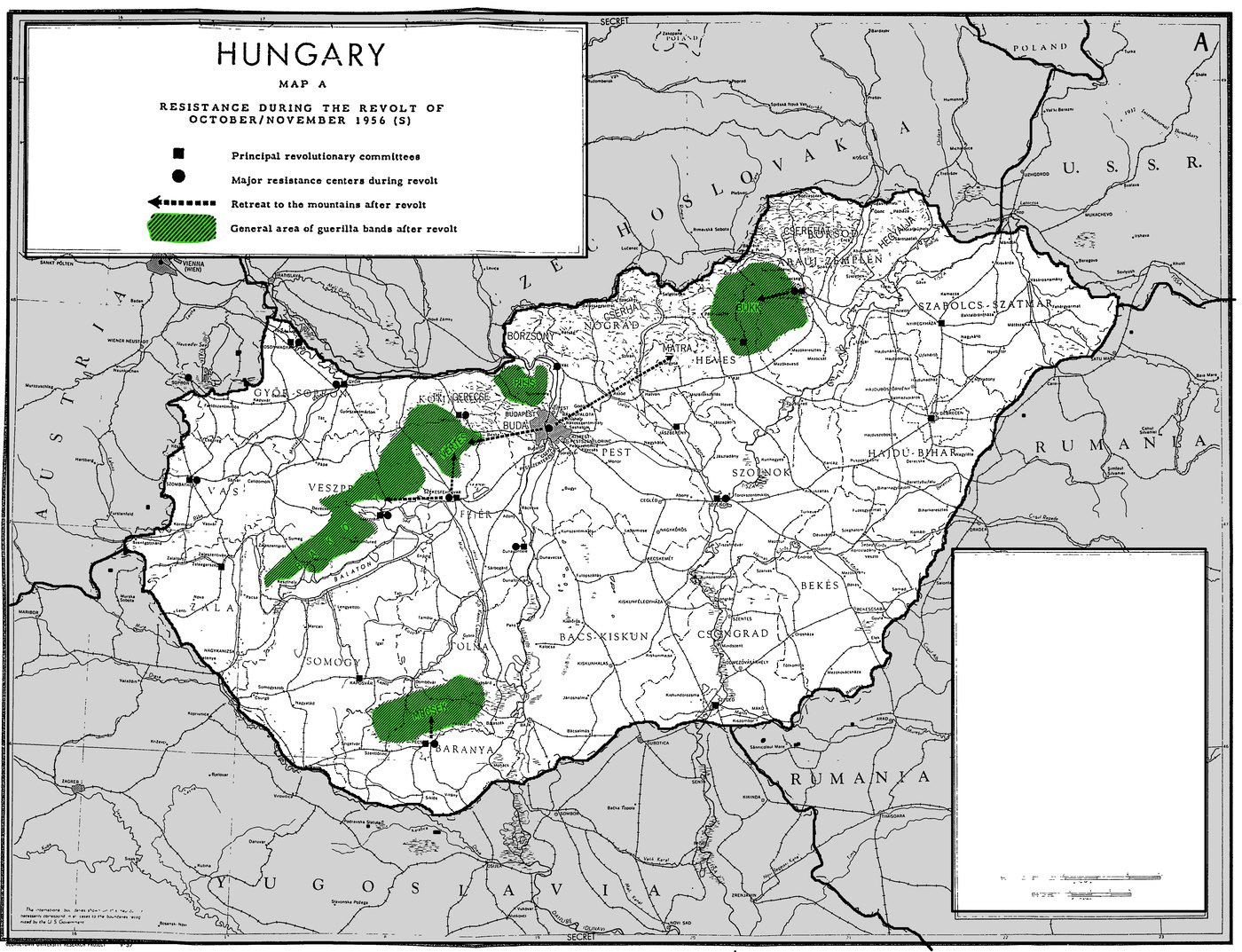 Map of Hungary with county names, railways and rivers, black squares and dots for revolutionary committees and resistance centers, green hatched areas in the Pilis, Vértes, Bakony, Bükk and Mecsek hills and dashed arrows leading out of Budapest