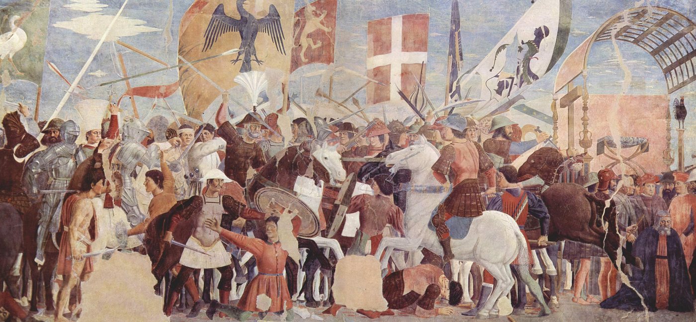 Renaissance fresco of a dense battle with horsemen, banners and fallen soldiers