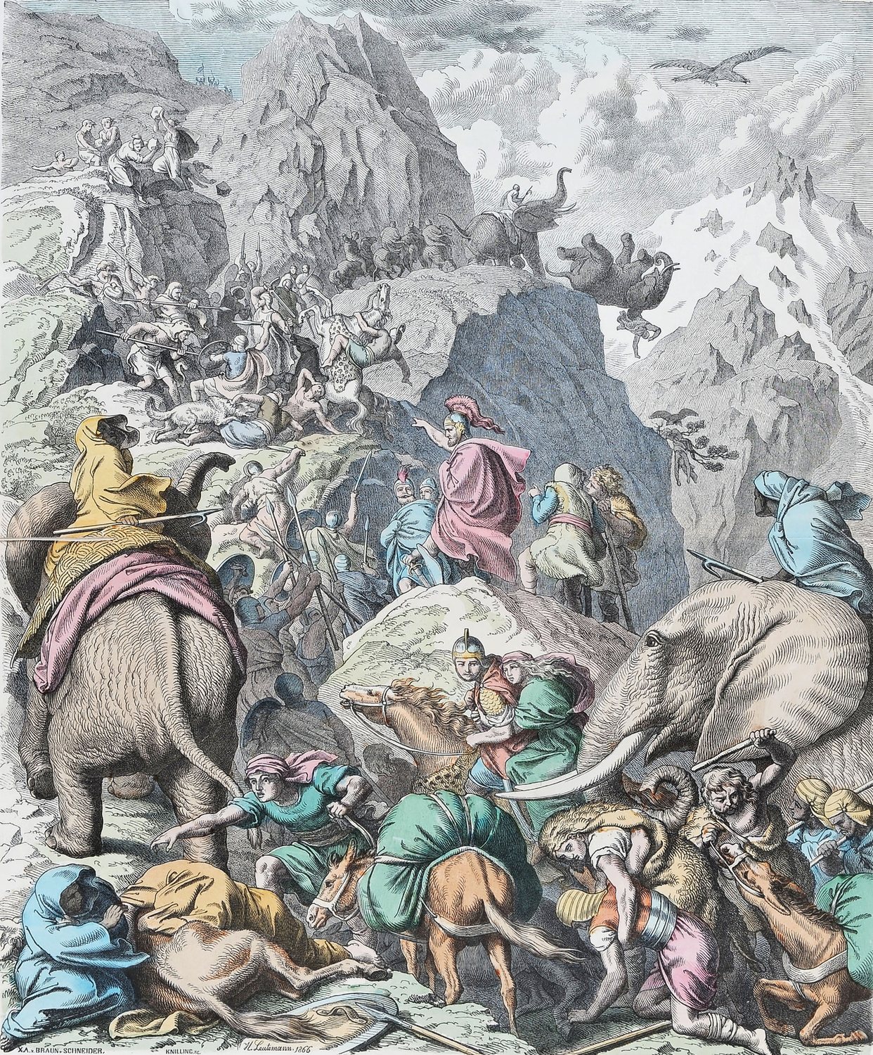 Coloured woodcut of soldiers and elephants struggling along a narrow mountain path