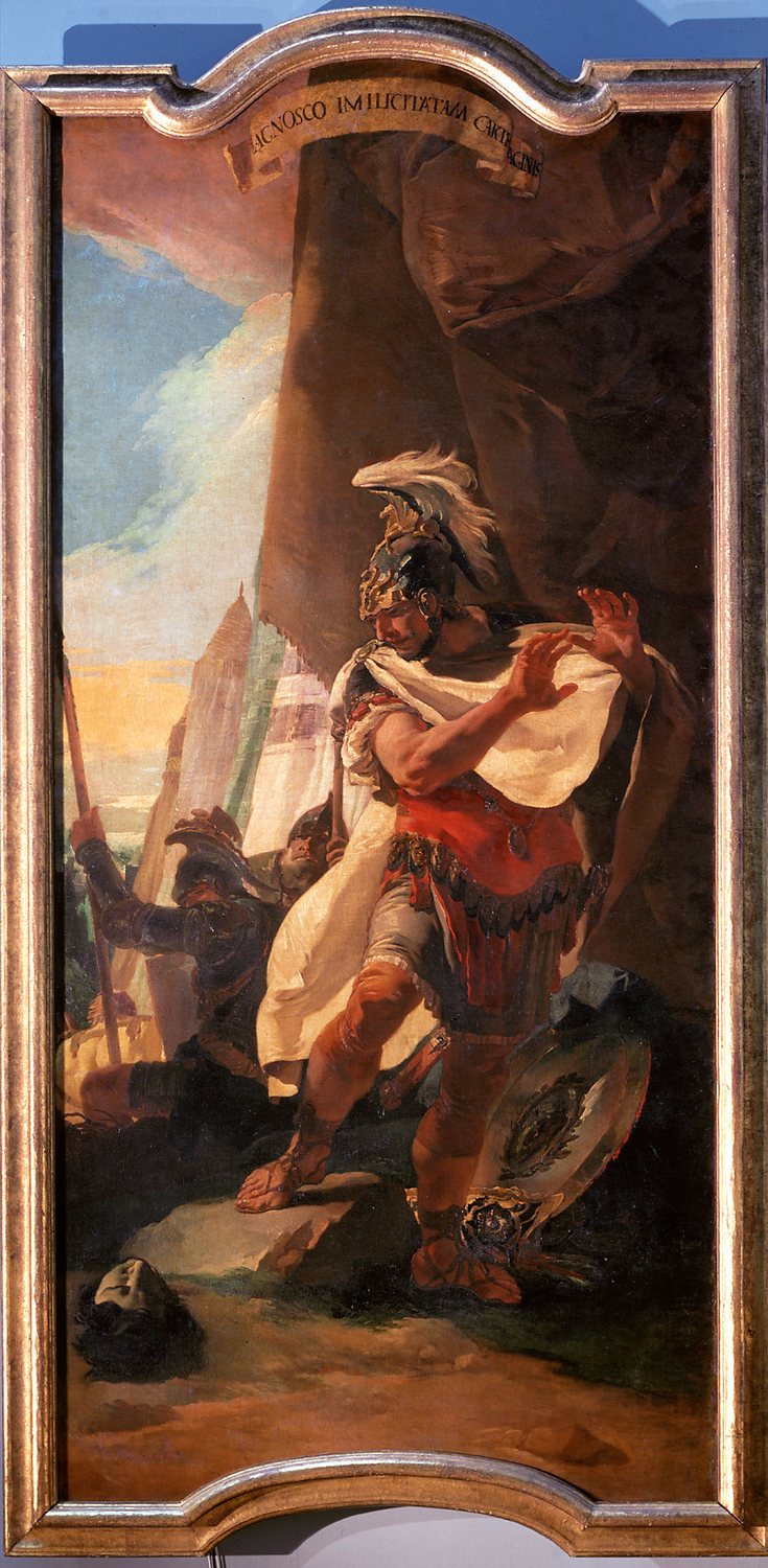 Painting of Hannibal in a feathered helmet looking down at a severed head