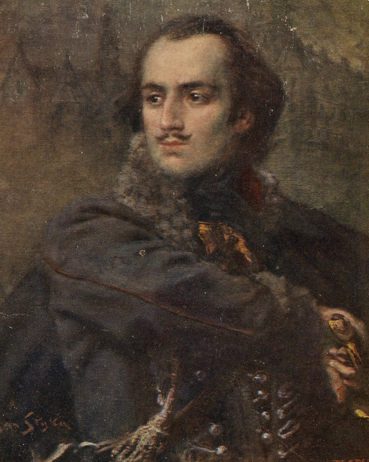 Malowany portret Kazimierza Pułaskiego, młodego mężczyzny z wąsem w ciemnym płaszczu z futrem