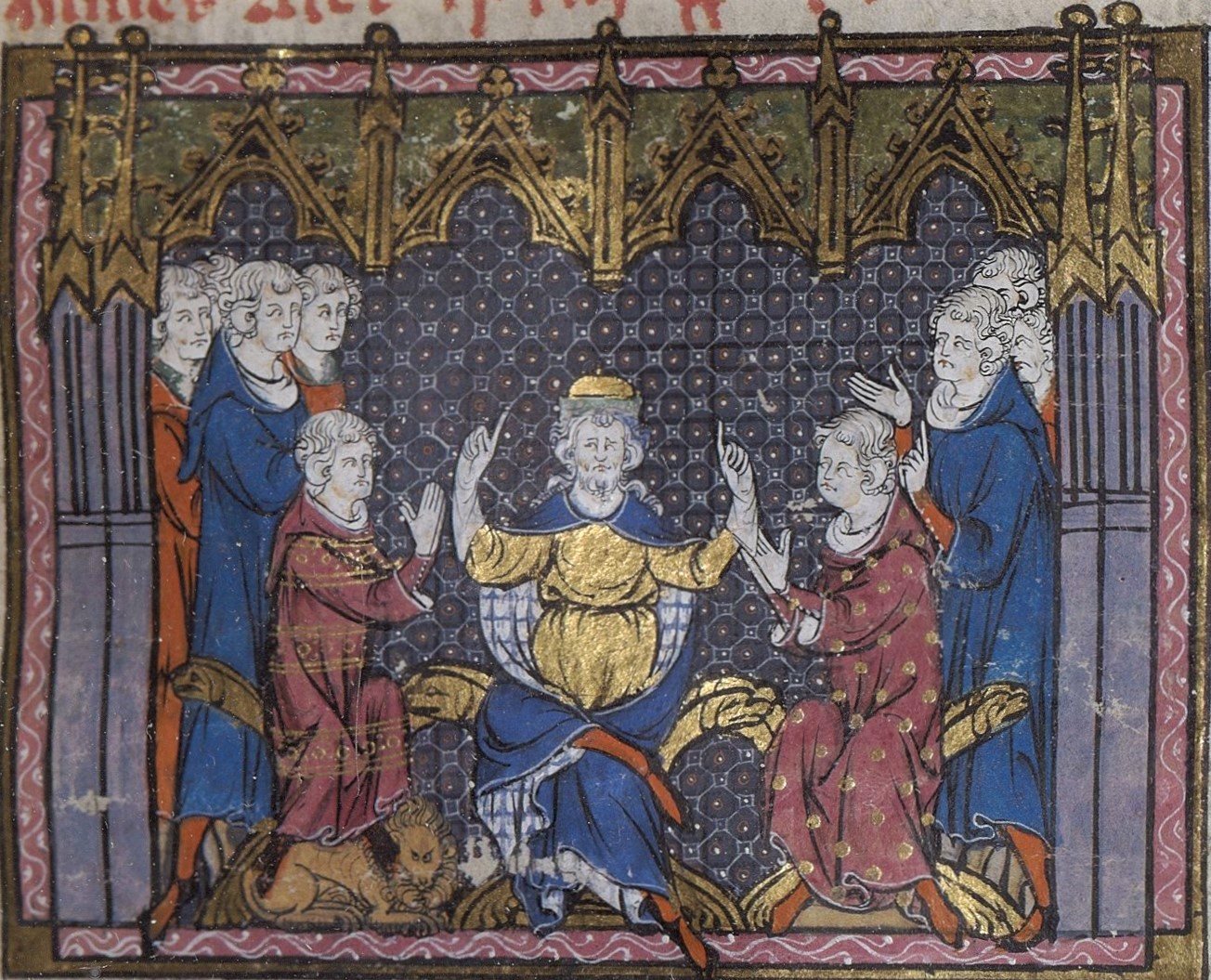 Medieval miniature of an enthroned ruler with two kneeling young men before him under Gothic arches