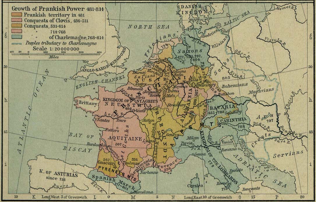 Coloured historical map of western Europe showing the stages of Frankish expansion from 481 to 814