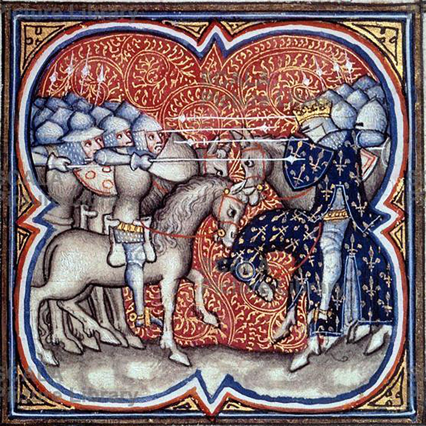Medieval miniature of a crowned knight on horseback charging a mass of mounted warriors