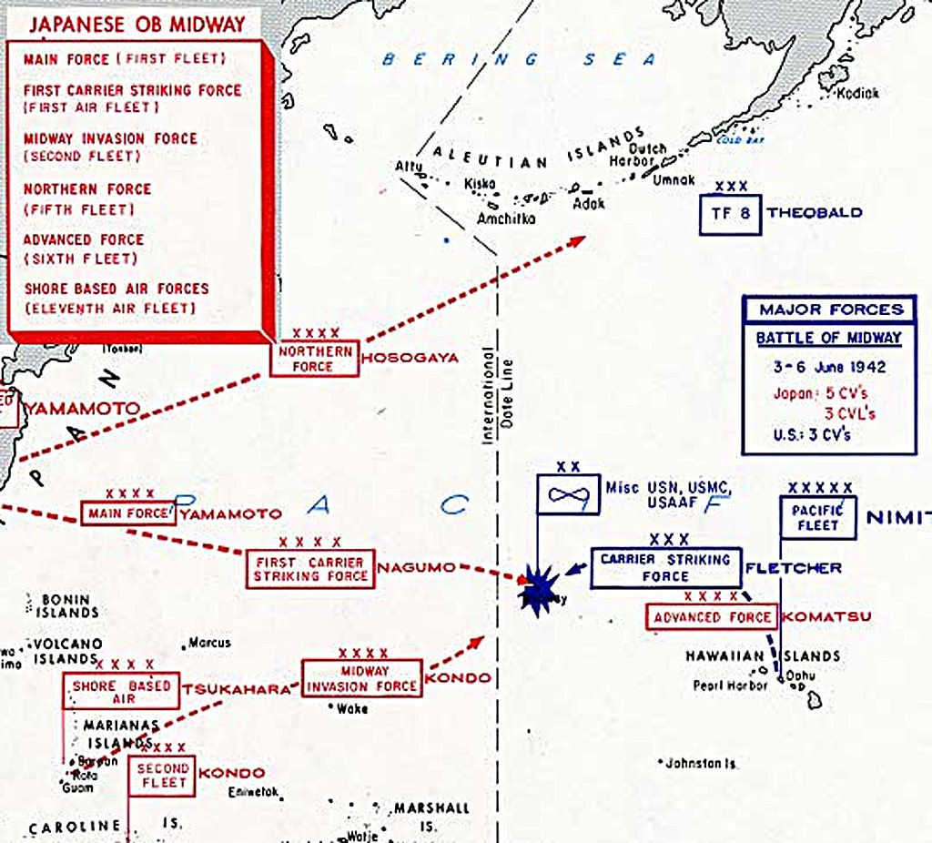 Mapa wojskowa środkowego Pacyfiku z czerwonymi trasami sił japońskich zbiegającymi się na Midway i niebieskimi siłami USA