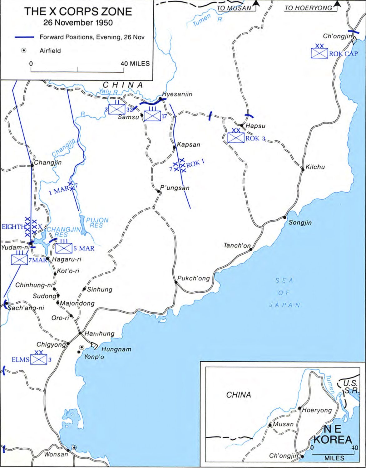 Military map of northeast Korea showing the Chosin Reservoir, the Marine positions and the roads to Hungnam