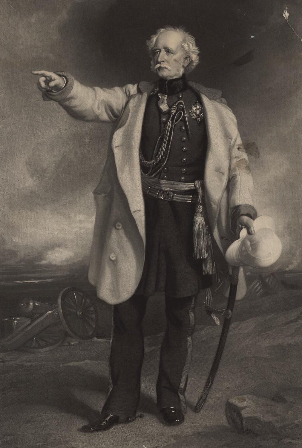 Engraved full length portrait of an elderly white haired general in a long pale coat, pointing ahead with his right hand, with a field gun behind him