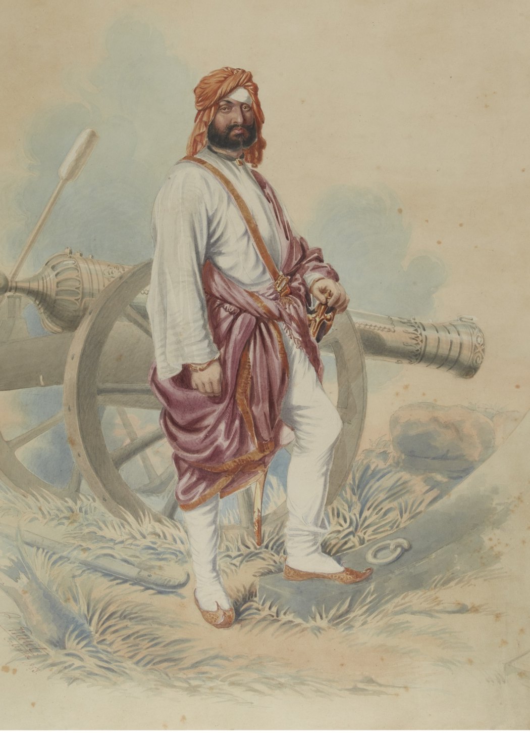 Watercolor of a bearded man in an orange turban and white clothes with a crimson shawl, standing with one hand on a sword hilt in front of an ornate bronze cannon