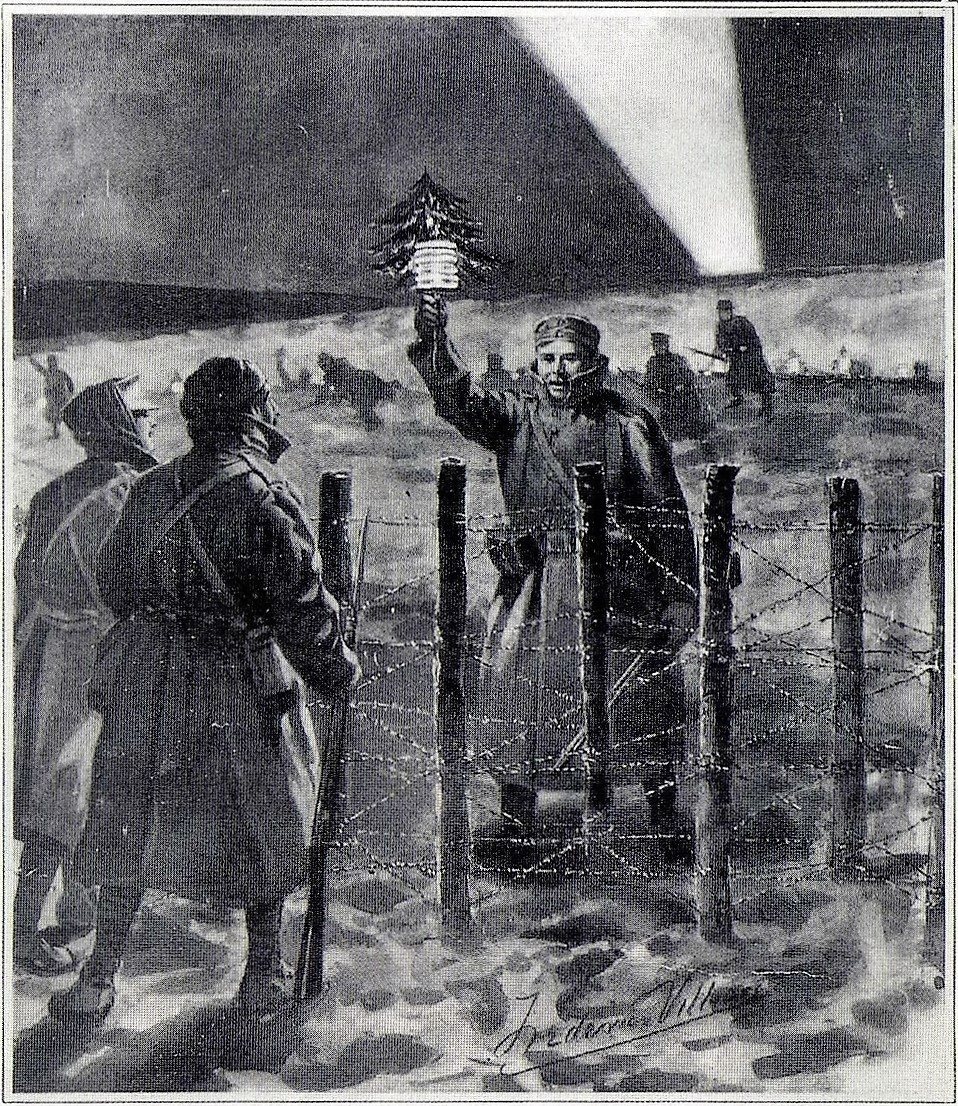 Newspaper illustration of a German soldier holding a lit Christmas tree walking towards British trenches at night