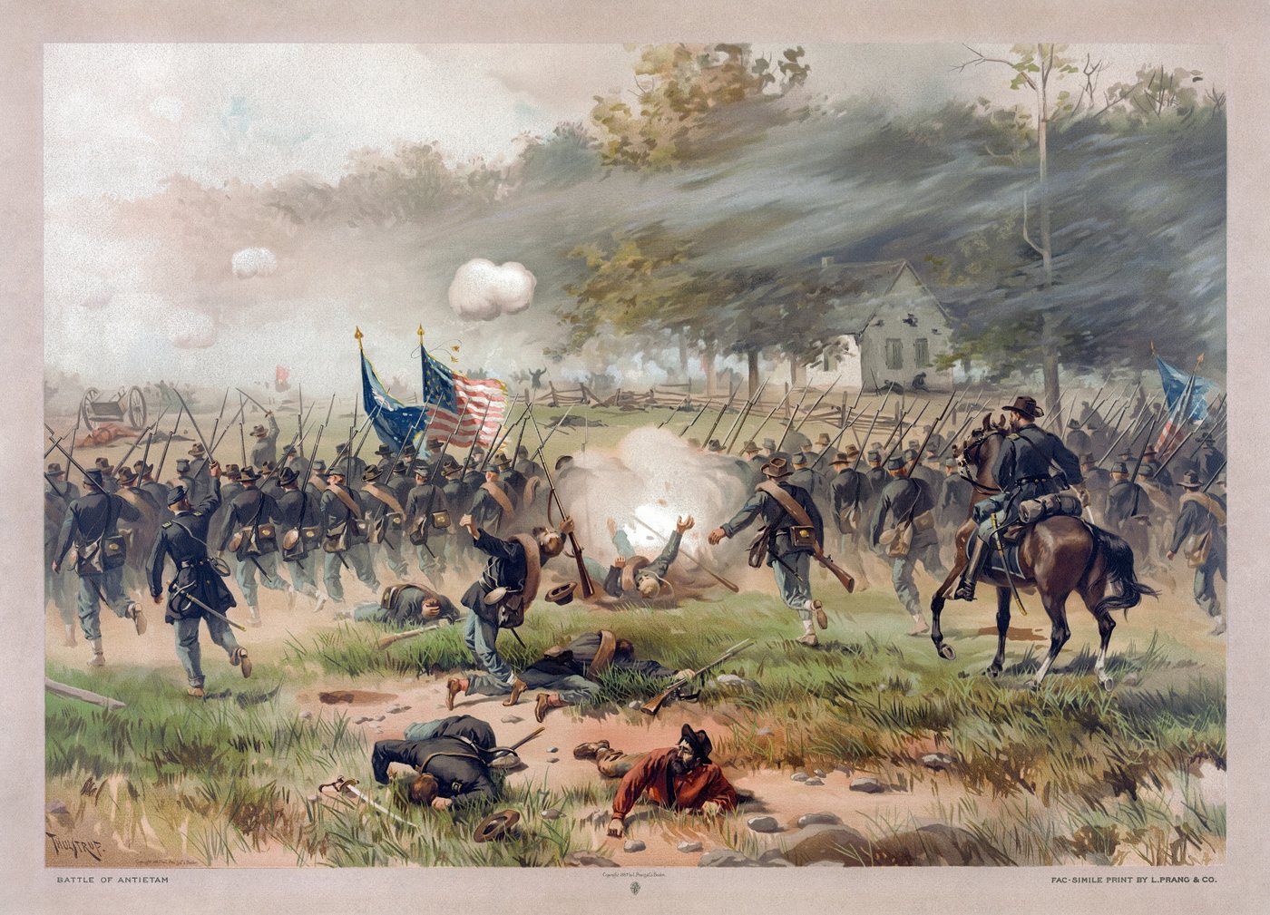 Colour print of Union infantry advancing past a white church under fire