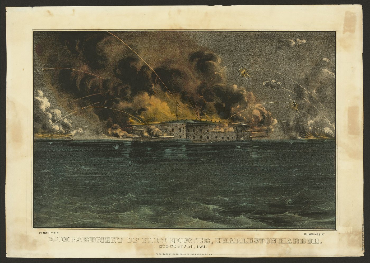 Lithograph of shore batteries firing at a fort in the middle of a harbour