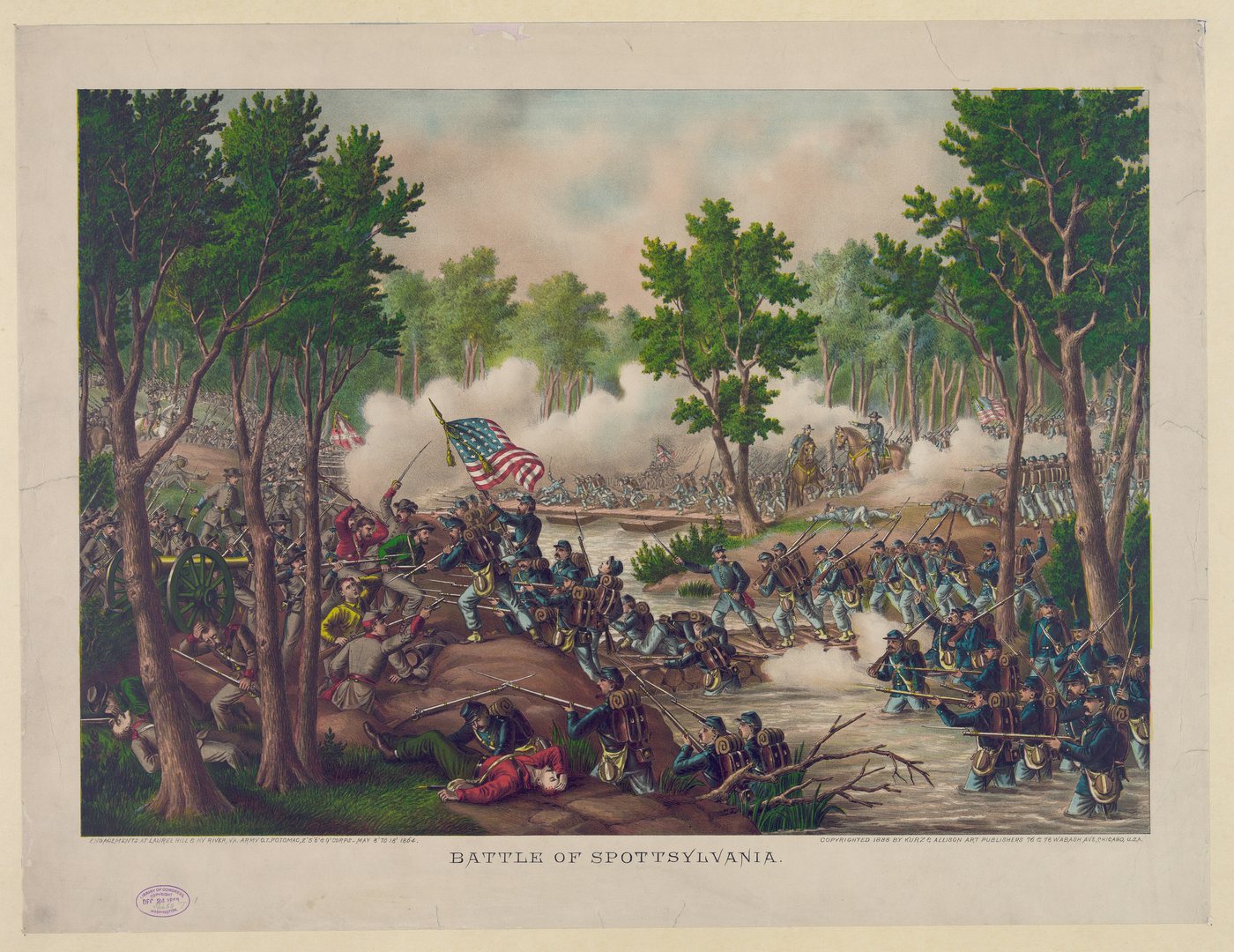 Colour lithograph of Union and Confederate troops fighting hand to hand over breastworks