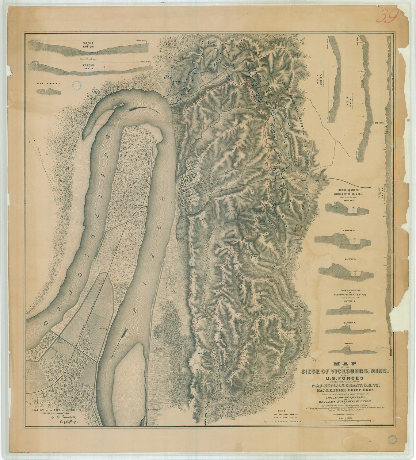 Nineteenth century map of Vicksburg and the bend of the Mississippi with siege works